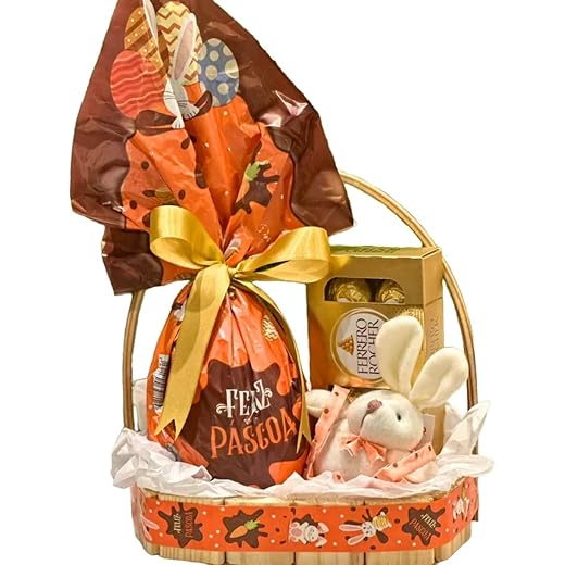 Cesta de Páscoa com Chocolates Ferrero Rocher e Bombons Lacta – Presente de Páscoa com Coelho de Pelúcia e Cesta Decorativa 22cm – Ideal para Presentear Família, Amigos, Empresas e Datas Especiais (Laranja)