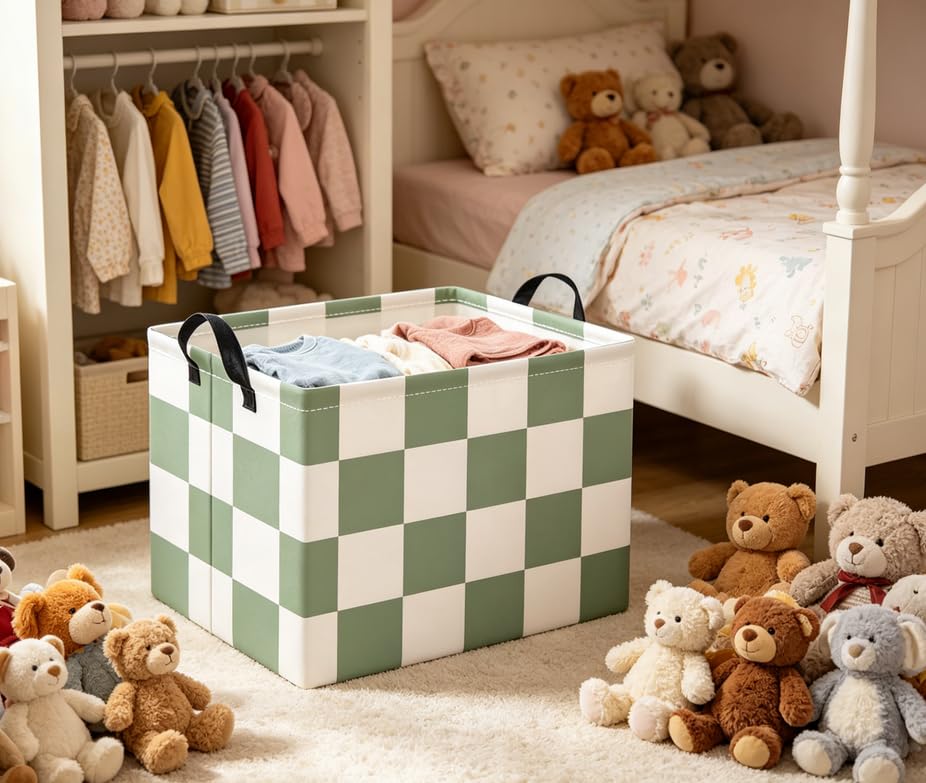 Image of Rectangular Baby Kids Storage Basket for Home Kitchen Girls Cute Toy Storage Bin Organizer Shelf Book Room Decor(Green Checkered)