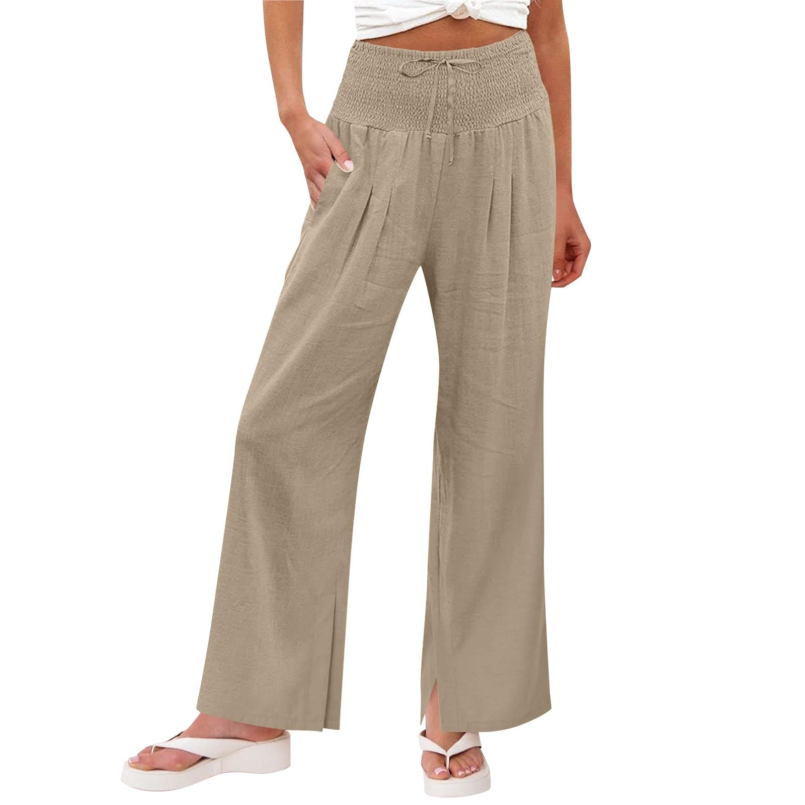 Linen Pants Women 2026 Summer Wide Leg Palazzo Pants High Waist Travel Flowy Trousers with Pockets Vacation Clothes — view 10