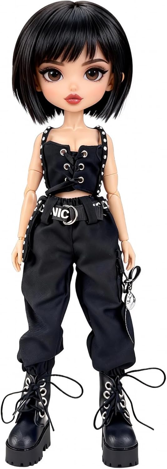 Maidscp 30cm BJD Doll Clothes Set - Edgy Black Crop Top, Cargo Pants & Boots, Doll Outfit Accessories