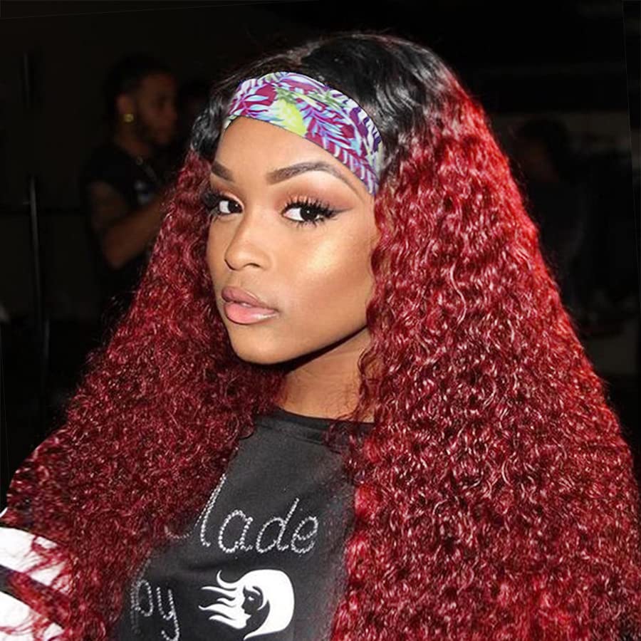 Image of XSY 1B /99J Burgundy Ombre Headband Wig Human Hair None Lace Front Wigs Glueless Human Hair Wigs 24 Inch Virgin Brazilian Deep Wave Machine Made Wigs Human Hair Wigs for Black Women