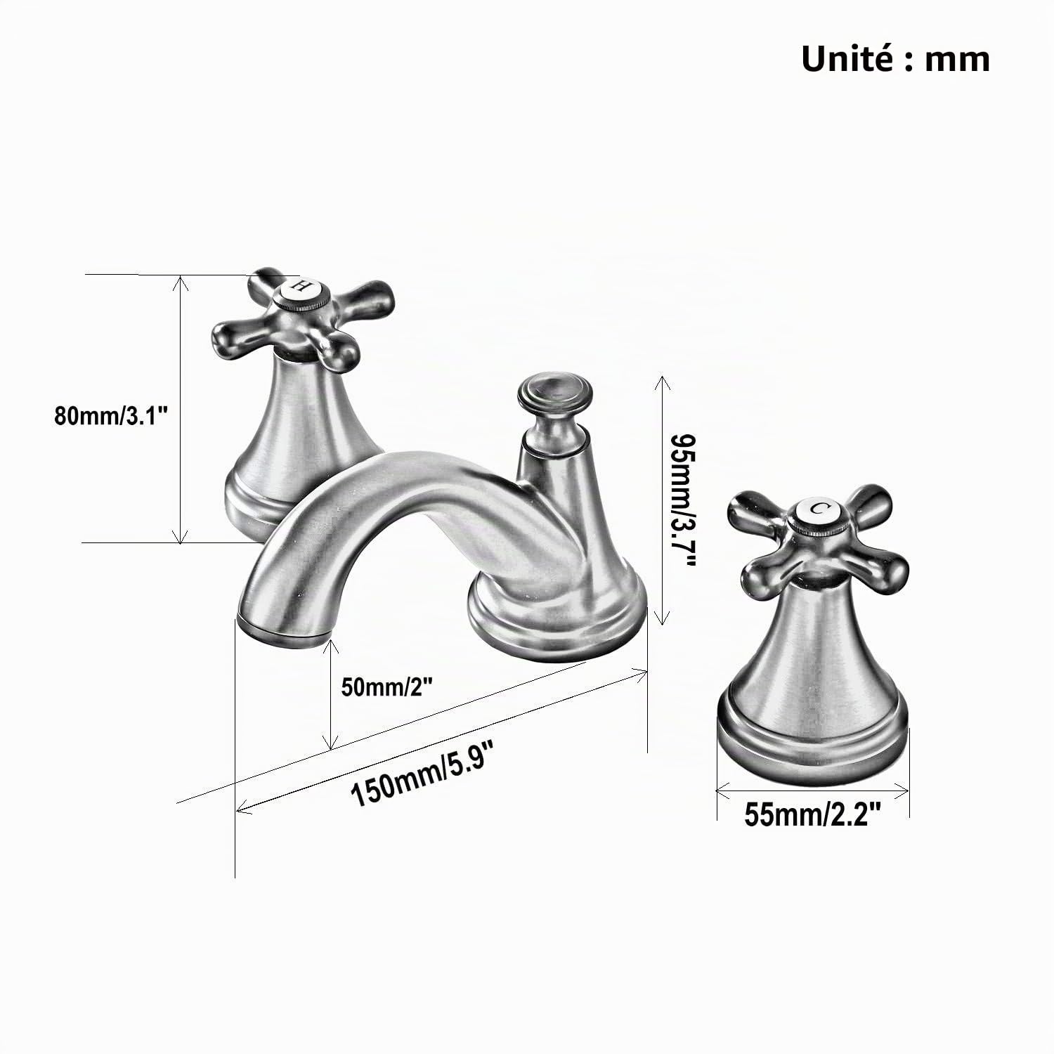Robinet mitigeur de lavabo avec deux poignées et trois trous Chrome poli