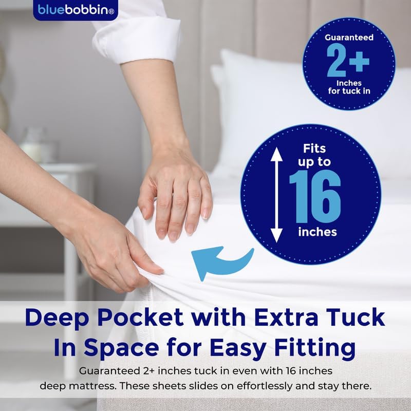 Miniatura 5 de Juego de sábanas de 4 piezas, 100% algodón egipcio de 1000 hilos, bolsillo profundo de 18 pulgadas, suave, colección de ropa de cama de hotel de