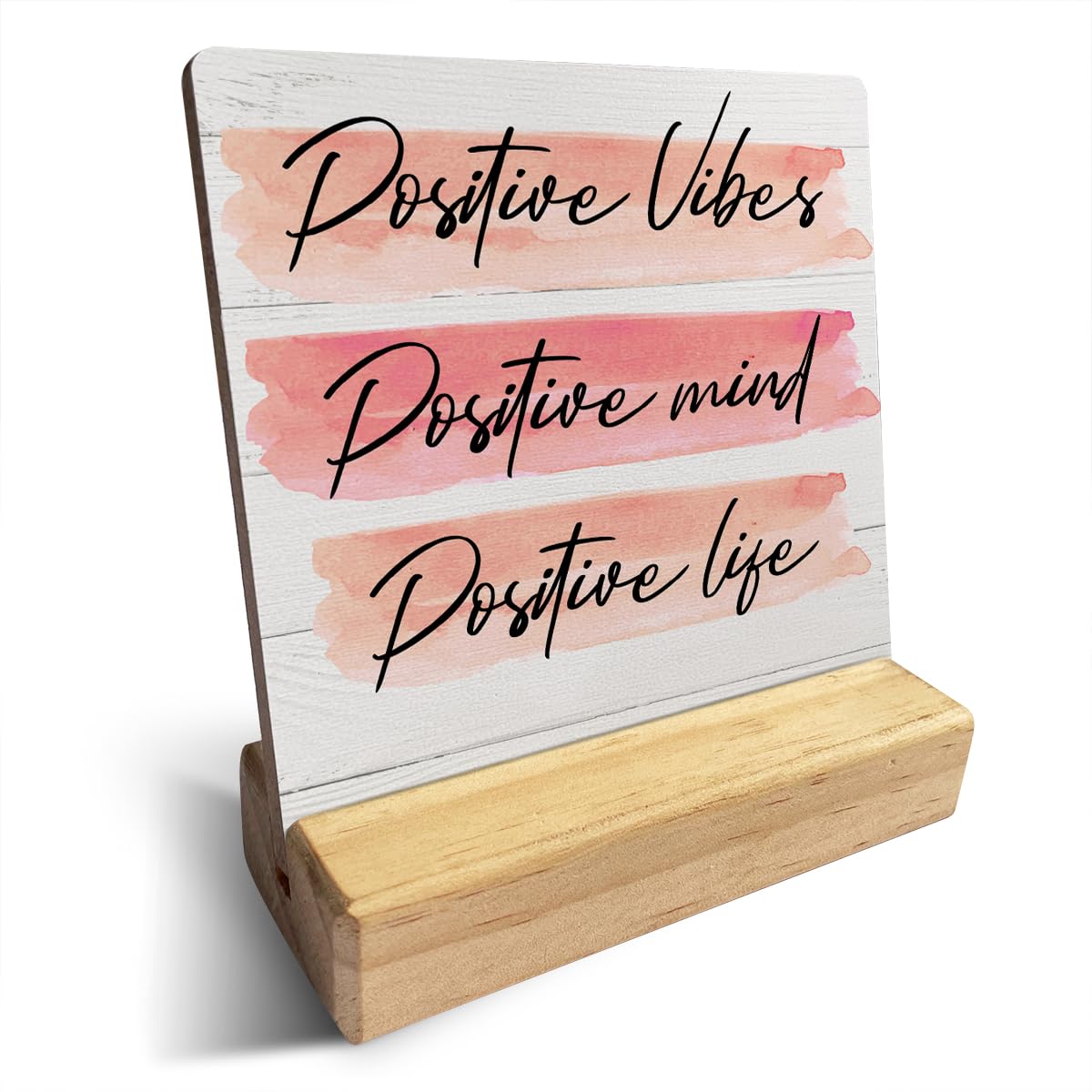 Inspirational Quote Country Positive Vibes Positive Mind Wooden Plaque Sign Desk Decor Rustic Watercolour Motivational Desk Sign Decor for Home Office 4 x 4 Inches