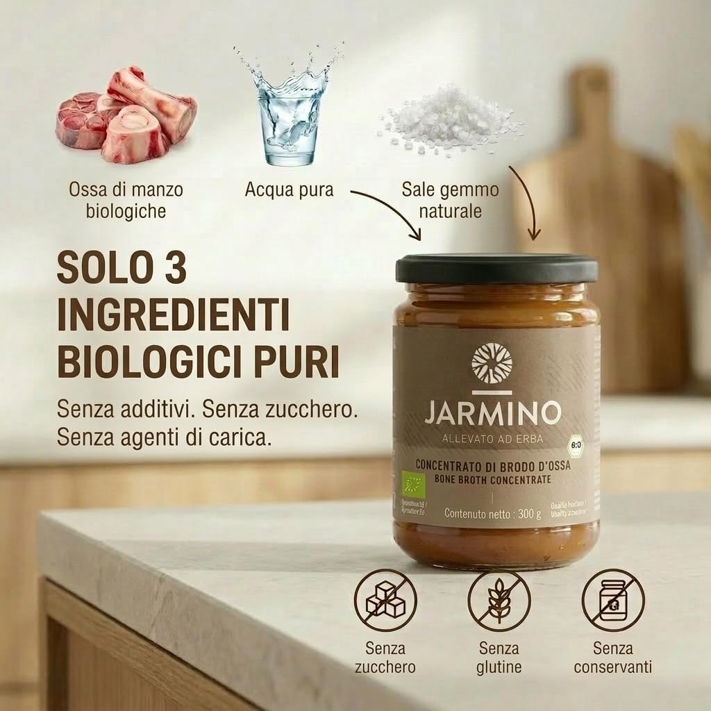 JARMINO Brodo di Ossa Biologico Concentrato, Bone Broth di Manzo da Allevamento al Pascolo e Nutrito a Erba, Brodo Liquido con Collagene Tipi 1 2 3, Keto Paleo AIP, 220 g, 22 Porzioni
