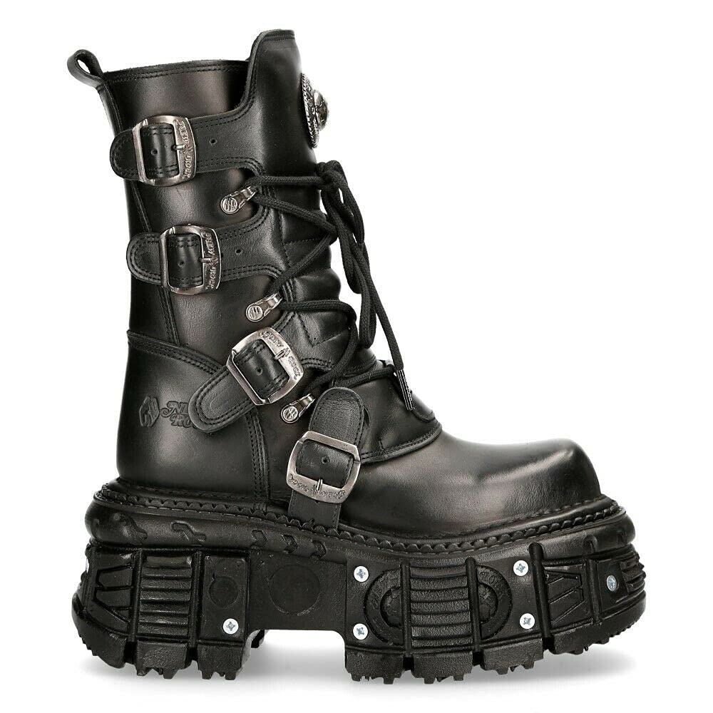 NEW ROCK TANK373-S1 Stivali Unisex con Piattaforma in Pelle Nera Stile Motociclista Gotico