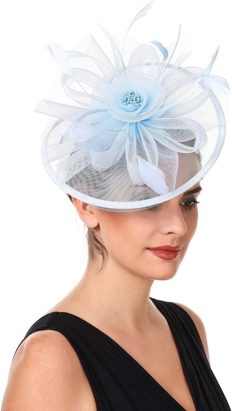 Haojing Feather Fascinator Hat for Women Vintage Bridal Headpiece Wedding Derby Hat - Image 3