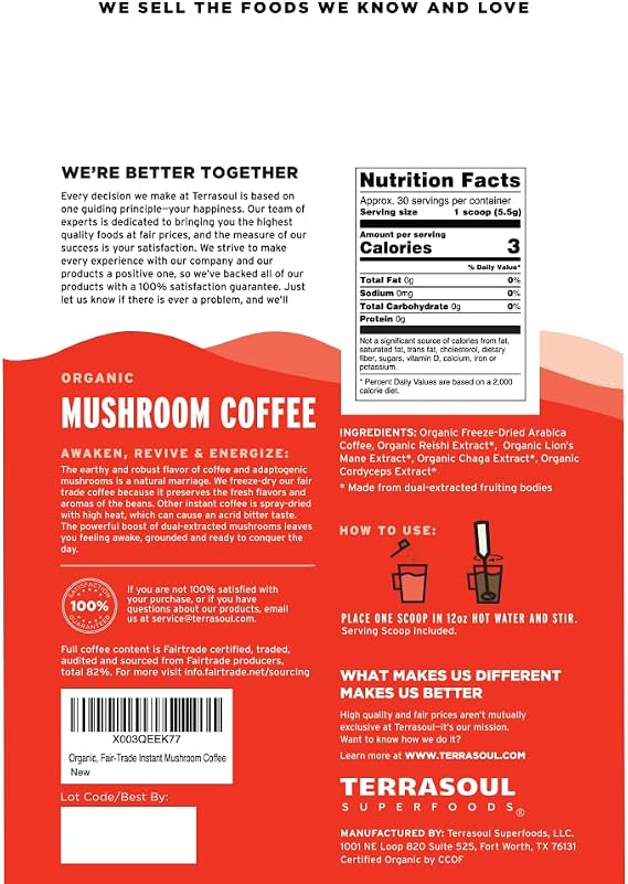 Terrasoul Superfoods Organic Instant Mushroom Coffee, 30 Servings, 4.75oz - Fair-Trade | Freeze-Dried | Medium Roast | Arabica Beans