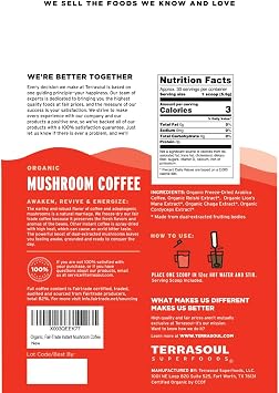 Terrasoul Superfoods Organic Instant Mushroom Coffee, 30 Servings, 4.75oz - Fair-Trade | Freeze-Dried | Medium Roast | Arabica Beans