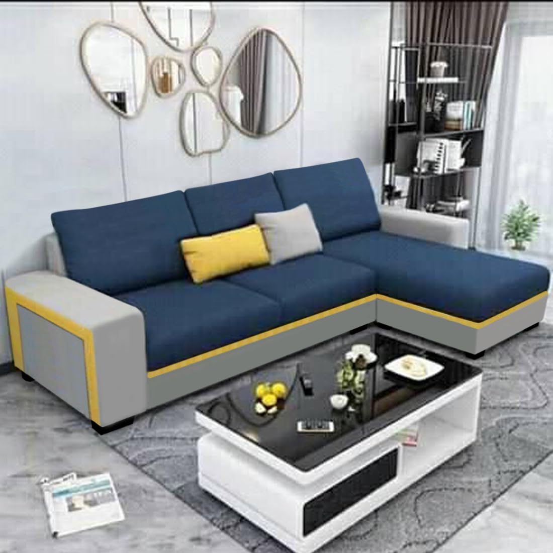 Casacomfort Junold 4 Seater Fabric RHS L Shape Sofa Set (Blue-Light Grey)