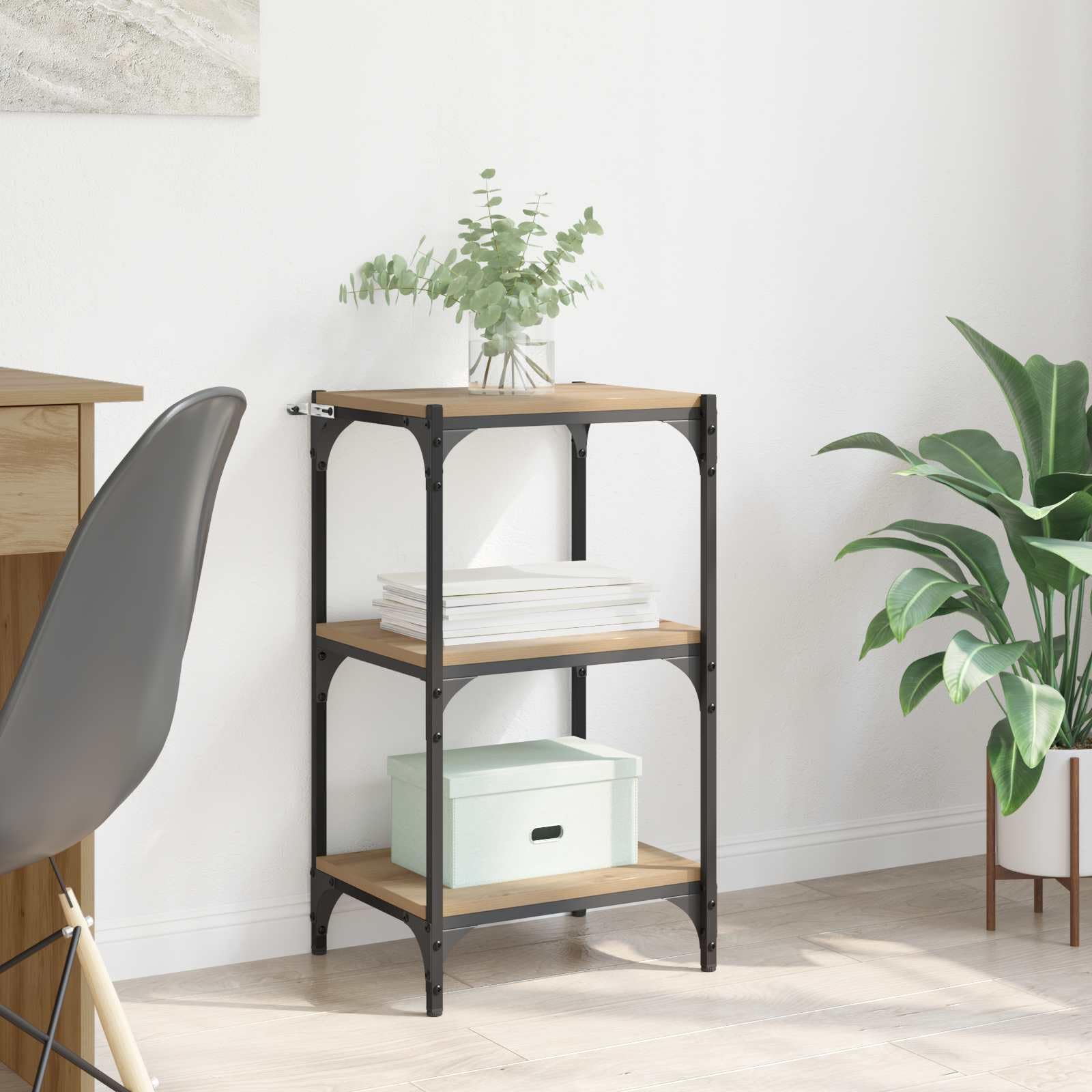 Libreria a 3 ripiani, 40 x 33 x 70,5 cm, in legno con robusto telaio in ferro, per soggiorno, ufficio e studio, organizer per spazio, design industriale moderno, salvaspazio