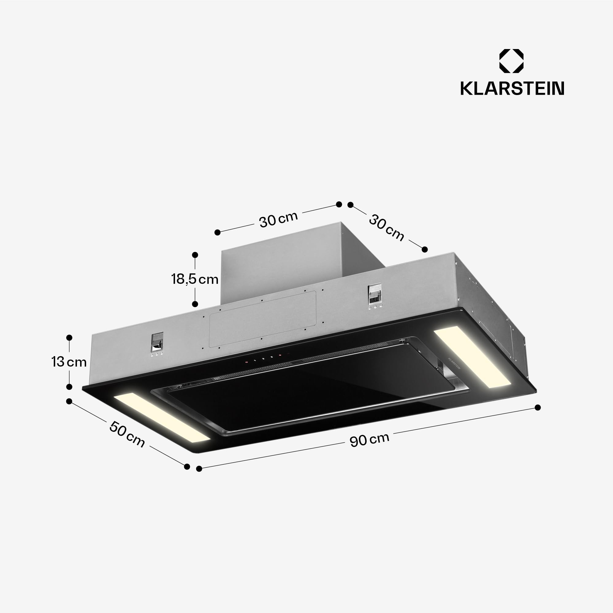 Klarstein Okap kuchenny, Cichy okap, podszafkowy, z filtrem, do zabudowy, 90cm, 230W, 609 m³/h, wyciągowy/z recyrkulacją Czarny
