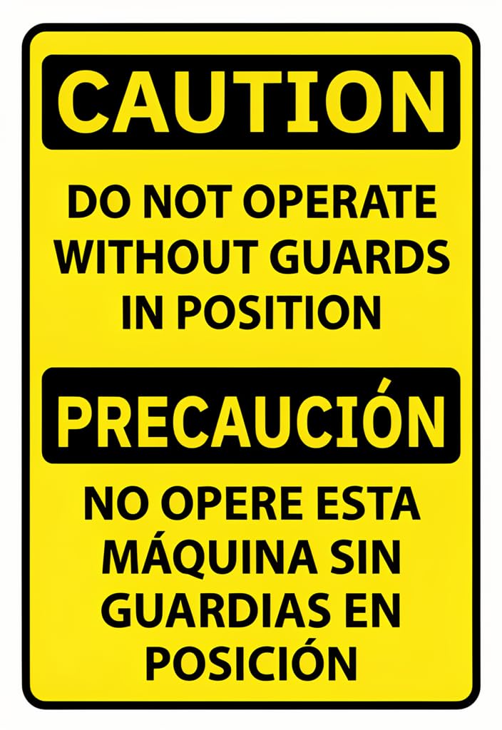 peiyeety Caution DoOperate Without Guards in Position Tin Sign 12x8 Inch, Bilingual English/Spanish Safety Warning Metal Wall Decor for Workshop, Garage, Factory, Machine Area
