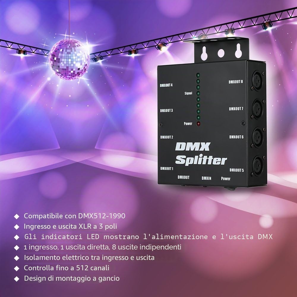 Lixada DMX512 Splitter ottico Funziona Come DMX512 amplificatore di segnale per l' illuminazione del palco, 8 canali Uscite indipendenti, Einzelteil dimensioni: 12.8 * 4.3 * 17.2 centimetri.