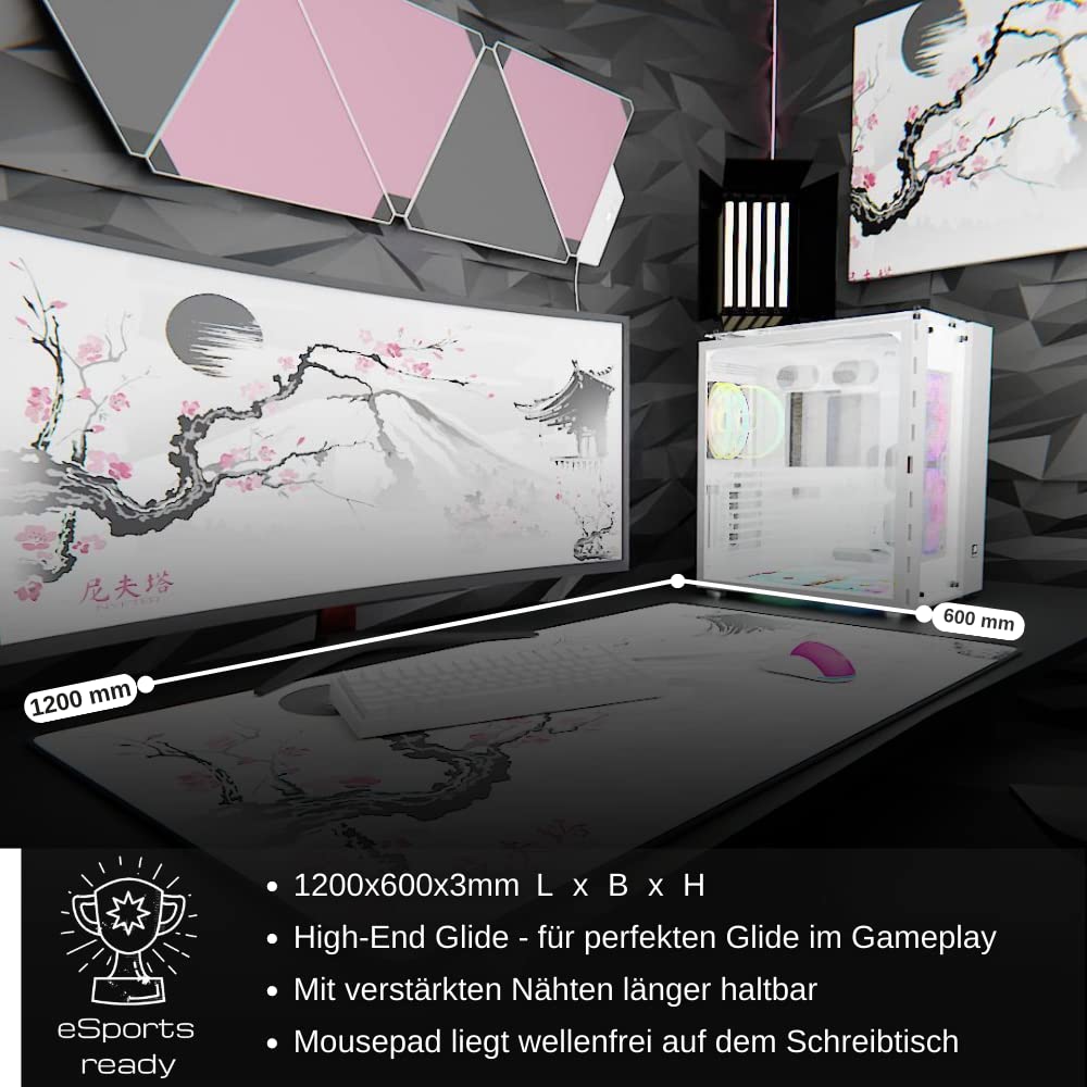 Nyfter - 3XL Gamingowa podkładka pod mysz Sakura, biała, 1200 x 600 mm, Premium Fuji podkładka pod mysz, duże zszyte krawędzie, trwała, z high-end Glide i antypoślizgową podkładką pod mysz Speed