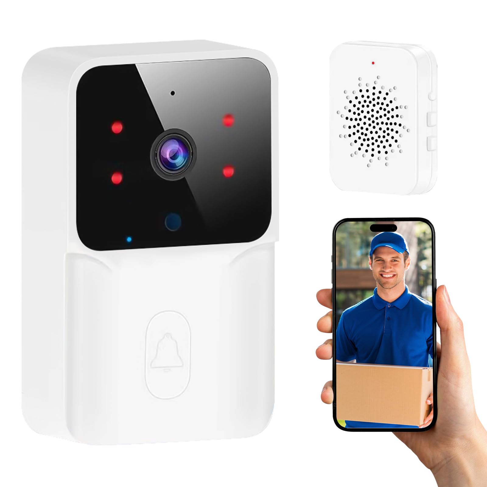Yakiter Video Timbre Inteligente, Mbre Inalambrico Exterior con Camara,Timbre Inteligente con Visión Nocturna de 480P,Audio Bidireccional, Almacenamiento en la Nube,Blanco