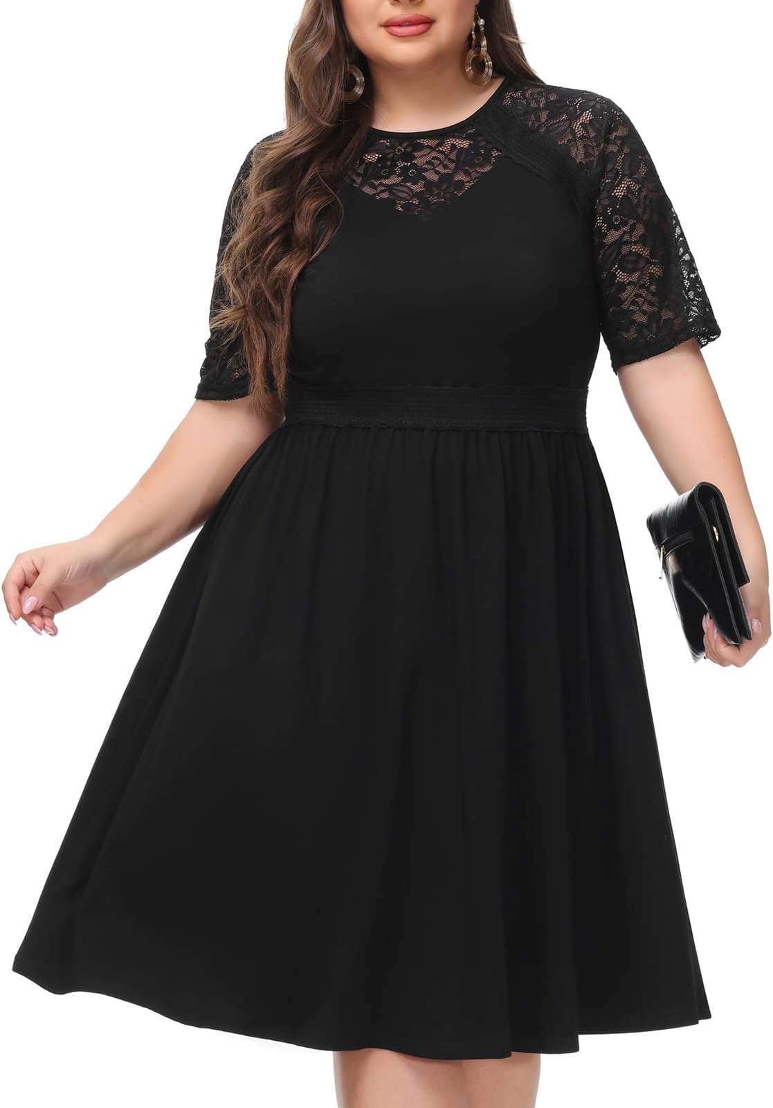 Women Lace V Neck Plus Size Half Sleeve Knee Length Cocktail Wedding Guest Swing Dress Black 24W