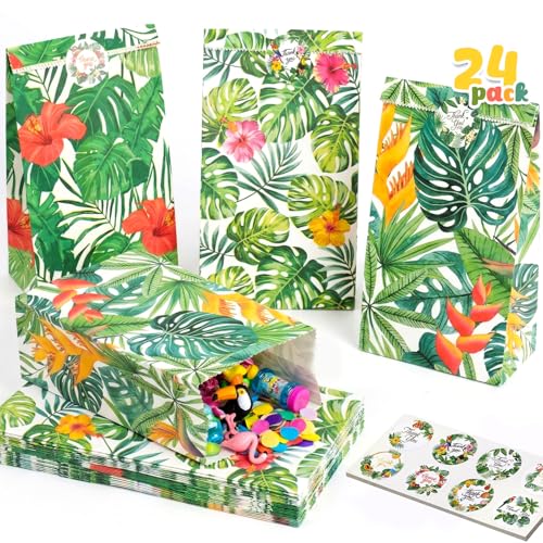 Shindel 24 Pack Tropical Hawaii Party Favor Bags with Stickers - 8.7"x4.7"x3.1" Luau Aloha Goodie Bags, Summer Beach Theme for Kids Birthday Party & Gift Packaging