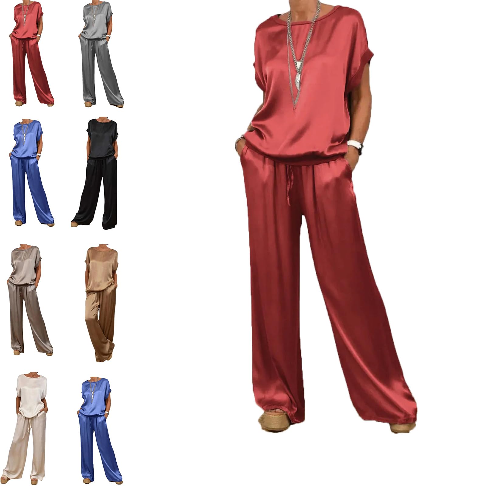 Womens Spring Casual Solid Color Satin 2 Piece Suit Round Neck Short Sleeve Top Wide Leg Pants Satin