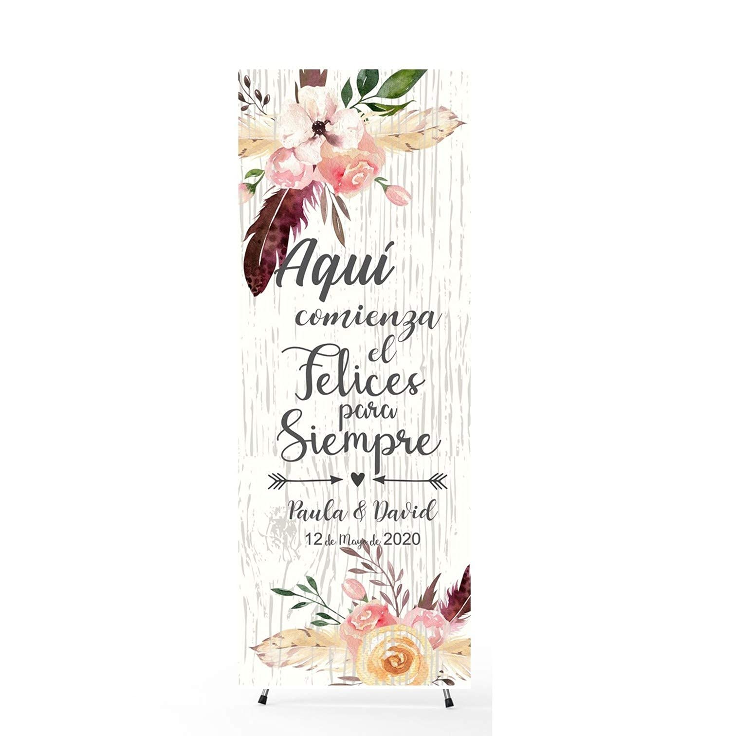 Cartel de Boda Personalizado. Adornos para bodas. Photocall. Soporte plegable y portátil. Banner Boda. Bienvenidos a nuestra Boda"Aquí comienza el felices para siempre".