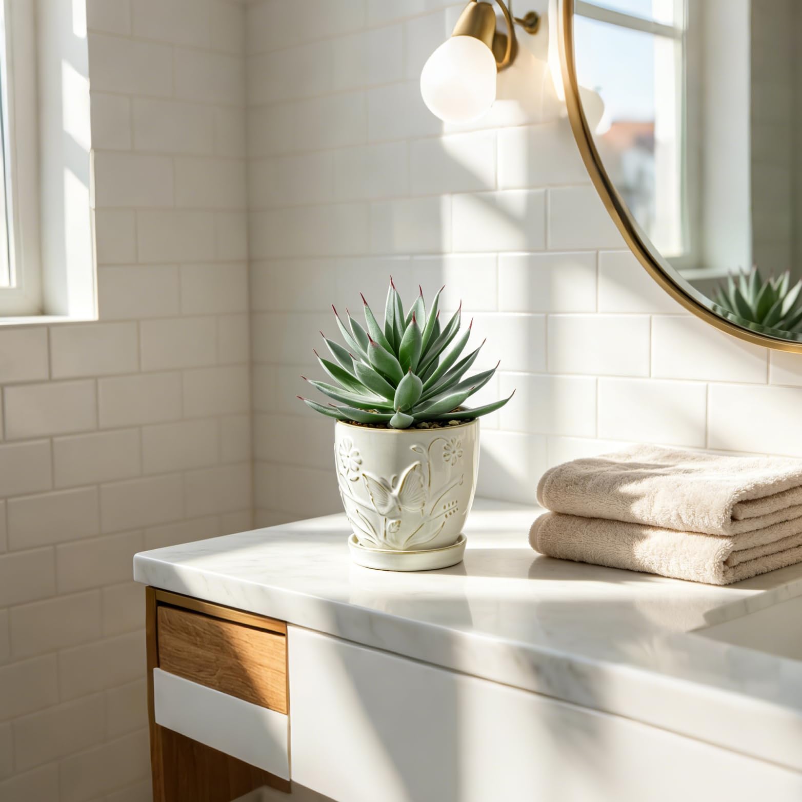 Briful Pianta grassa artificiale in vaso di ceramica bianca con piattino, piccola pianta di agave finta, pianta finta per interni per scrivania, bagno, scaffale, ufficio, casa colonica, decorazione