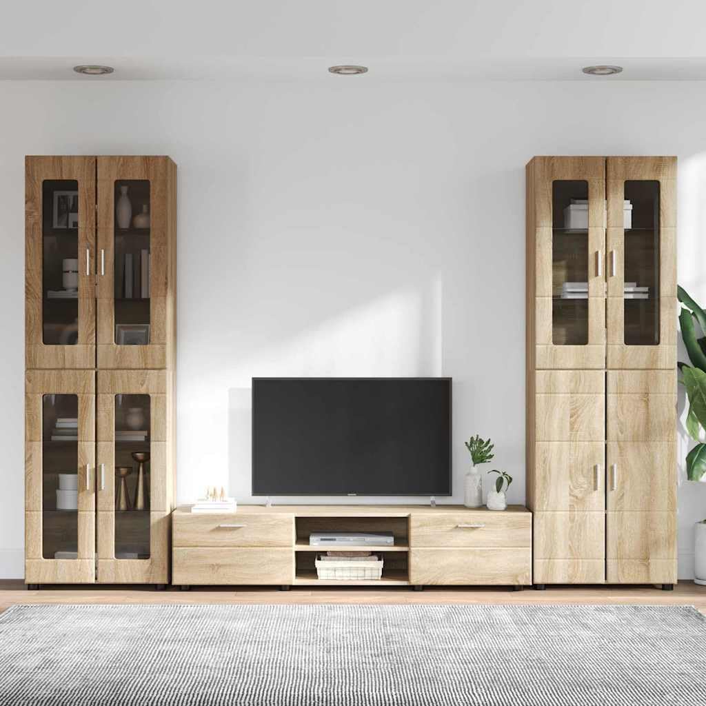 Set di mobili per TV Florin, 3 pezzi, in legno di rovere Sonoma, con ripiano alto e ripiano, moderno set di mobili per soggiorno con molto spazio e cassetti per una conservazione elegante