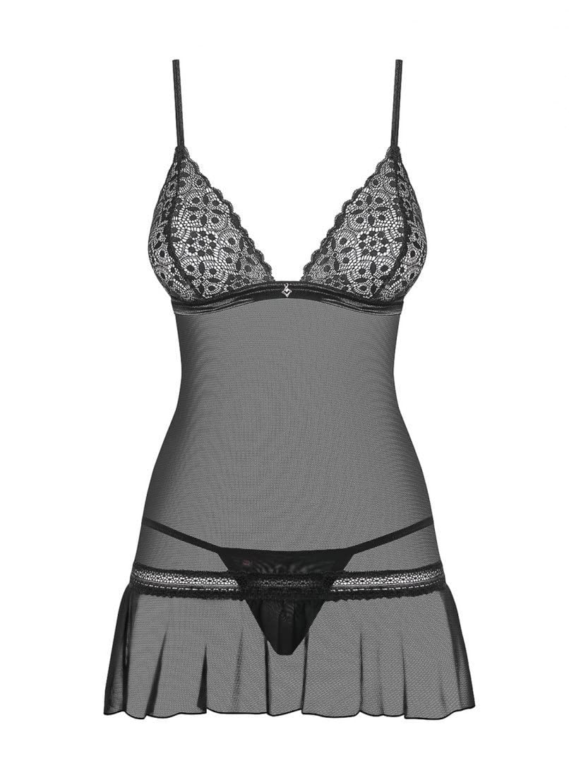 Obsessive See-through Shibu Chemise & Thong Lingerie Set, L/XL, Black, 100 g