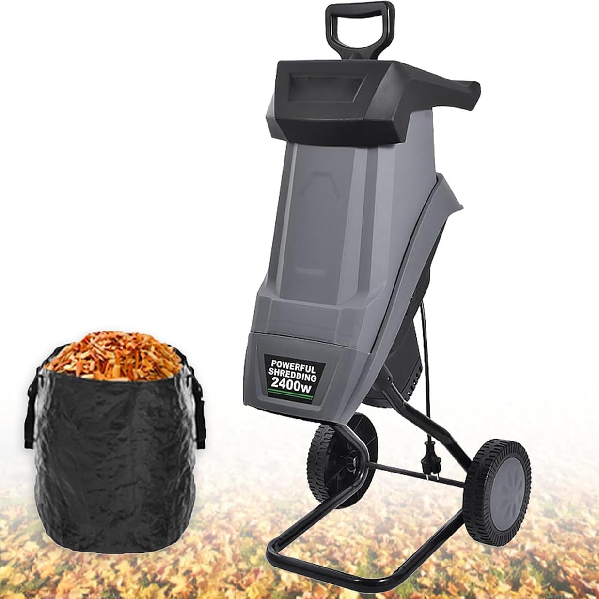 Trituradora eléctrica de madera de 2400 W, trituradora de jardín, trituradora de hasta 40 mm, con ruedas y bolsa de 50 L para ramas y hojas