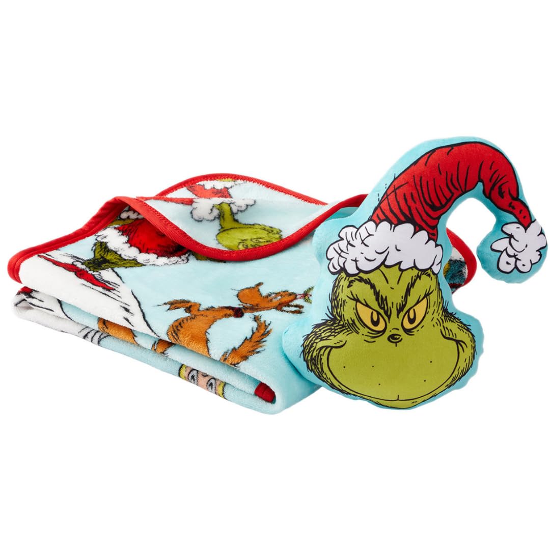 Dr. Seuss The Grinch Holiday &amp; Christmas Kids Bedding Super Soft Plush Pillow and Throw 2 Piece Set, 40 in x 50 in (Officially Licensed Product) By Franco