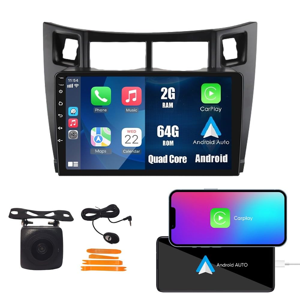 CarPlay Android Auto Navigation Stereo GPS Radio Reverse Camera Display 9" IPS Touchscreen Headunit Tablet Media Player for Toyota Vitz Yaris Platz 2005-2012, if Applicable Quad Core 2G+64G