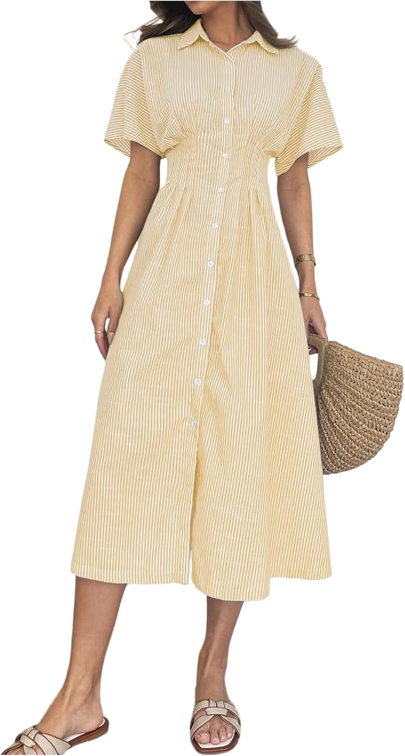 MakeMeChic Women's Summer Striped Button Down Shirt Dress Short Sleeve Midi Dresses