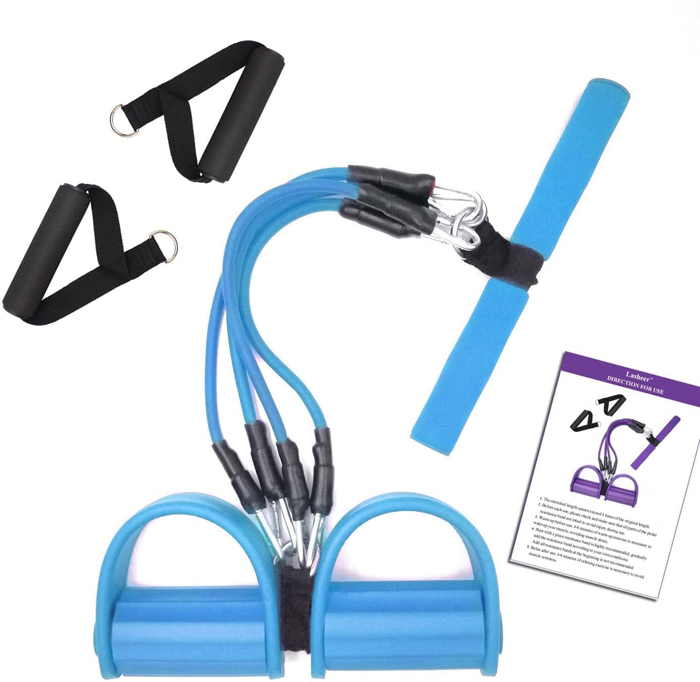 Foot Stirrup Puller, Sit Up Exercise Equipment Abdominal Abs Workout, Pedal Resistance Bands, 4-Tube Multifunction Fitness Tension Rope (Blue)
