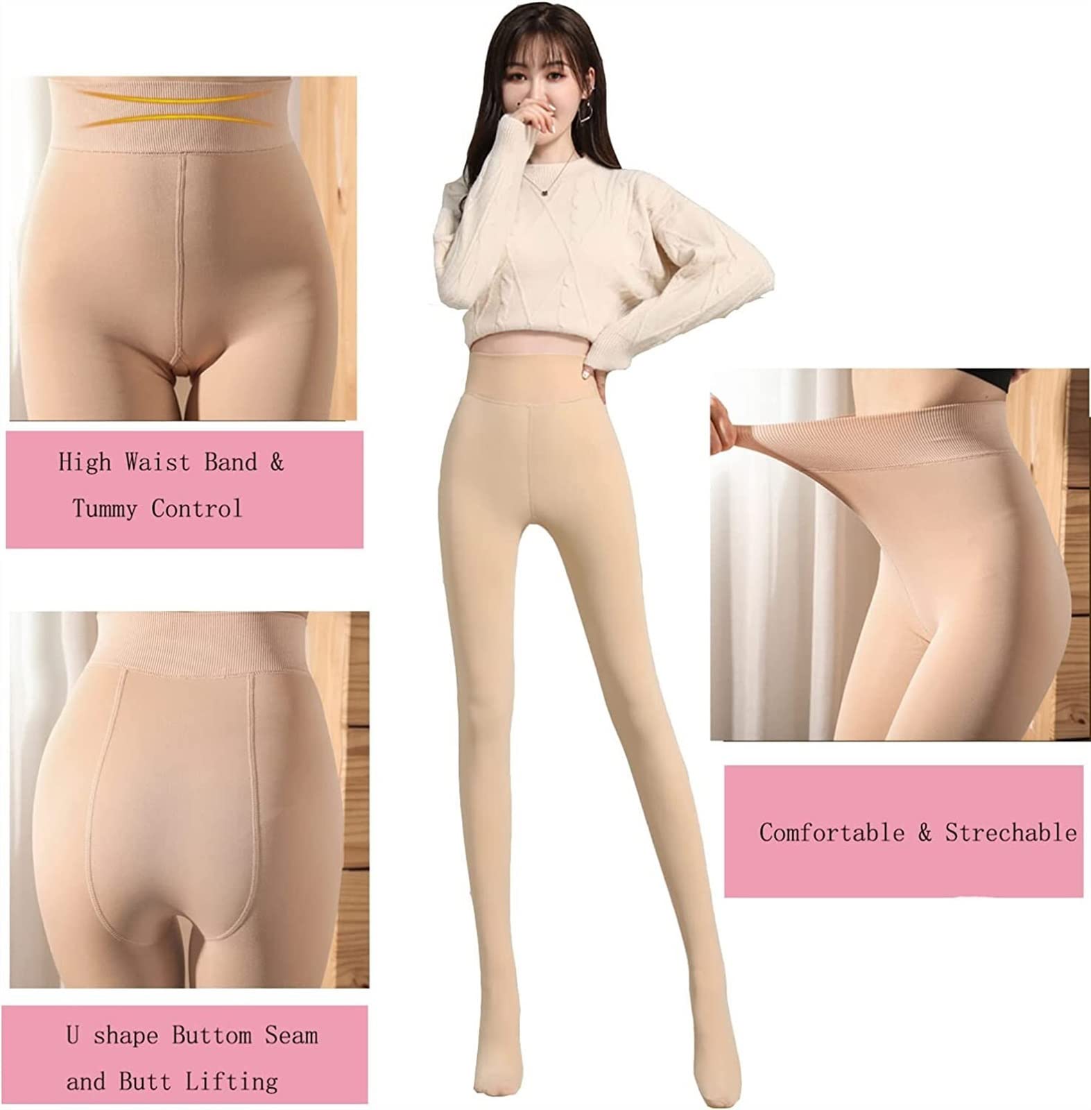 ACiyD Damen Fleece gefütterte Strumpfhose Thermostrumpfhose Winter Warme hoch taillierte blickdichte Leggings mit Bauchkontrolle Top-Fußstrumpfhose (Color : Nude, Size : One Size) (Nude One Size)