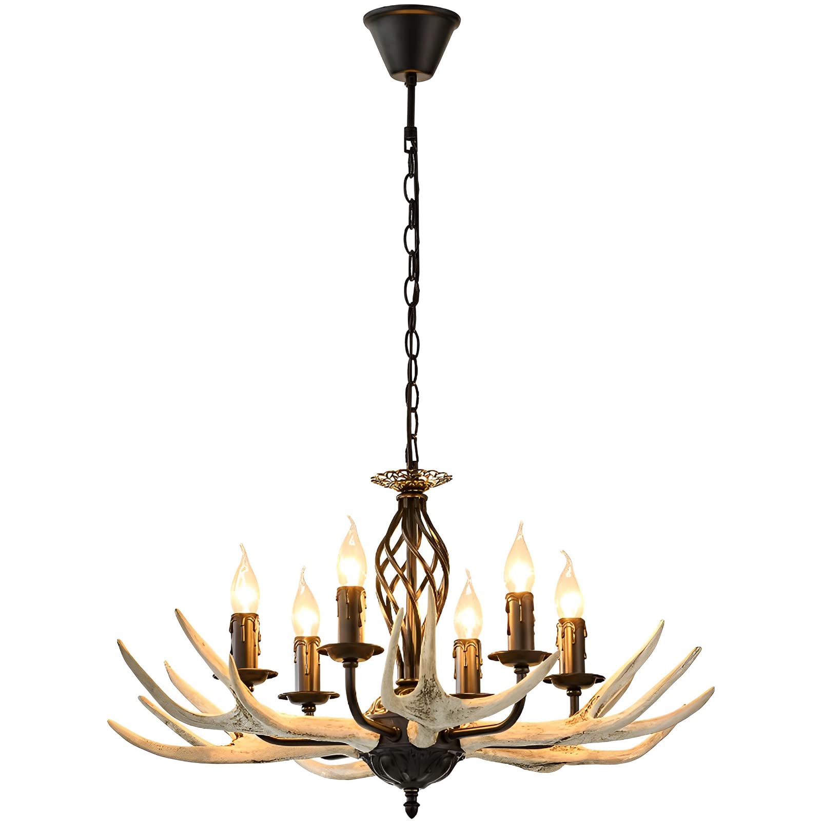 FYZDLAOR Rustic Antlers Chandelier Vintage Deer Horn Pendant Lights Farmhouse Candle Light Deco Hanging Chandelier for Living Dining Room Loft Ceiling Lighting Fixture