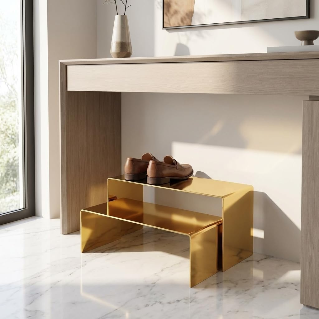 Golden Metal Shoe Handbag Display Riser Stand Stainless Steel Shoe Bag Riser Holder Jewelry Display Riser Shelf Showcase Fixtures Set of 2