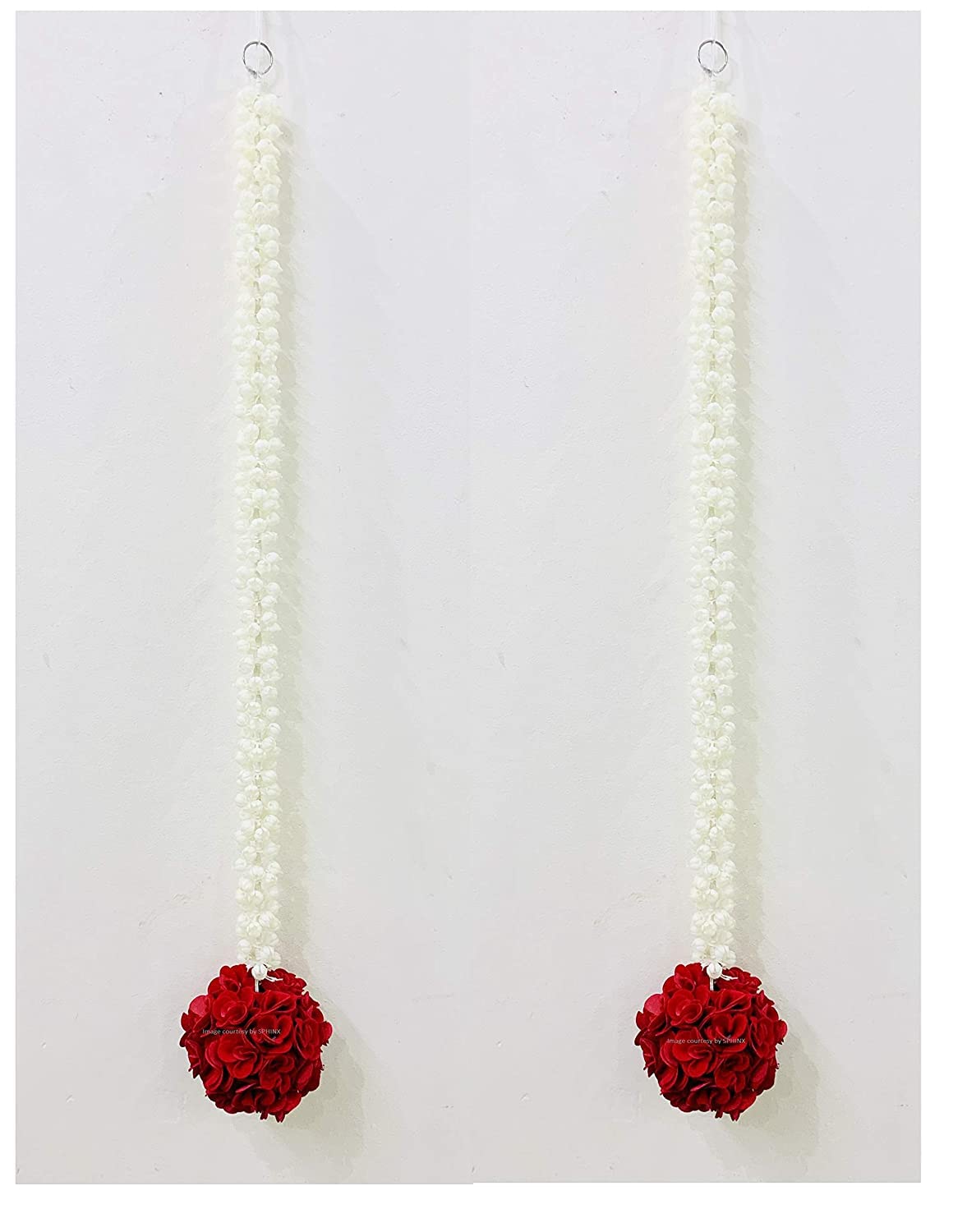Artificial Jasmine (mogra) Garland with Rose Flower Ball (Approx Height 33 Inches/2.75 ft.) - Pack of - (2)