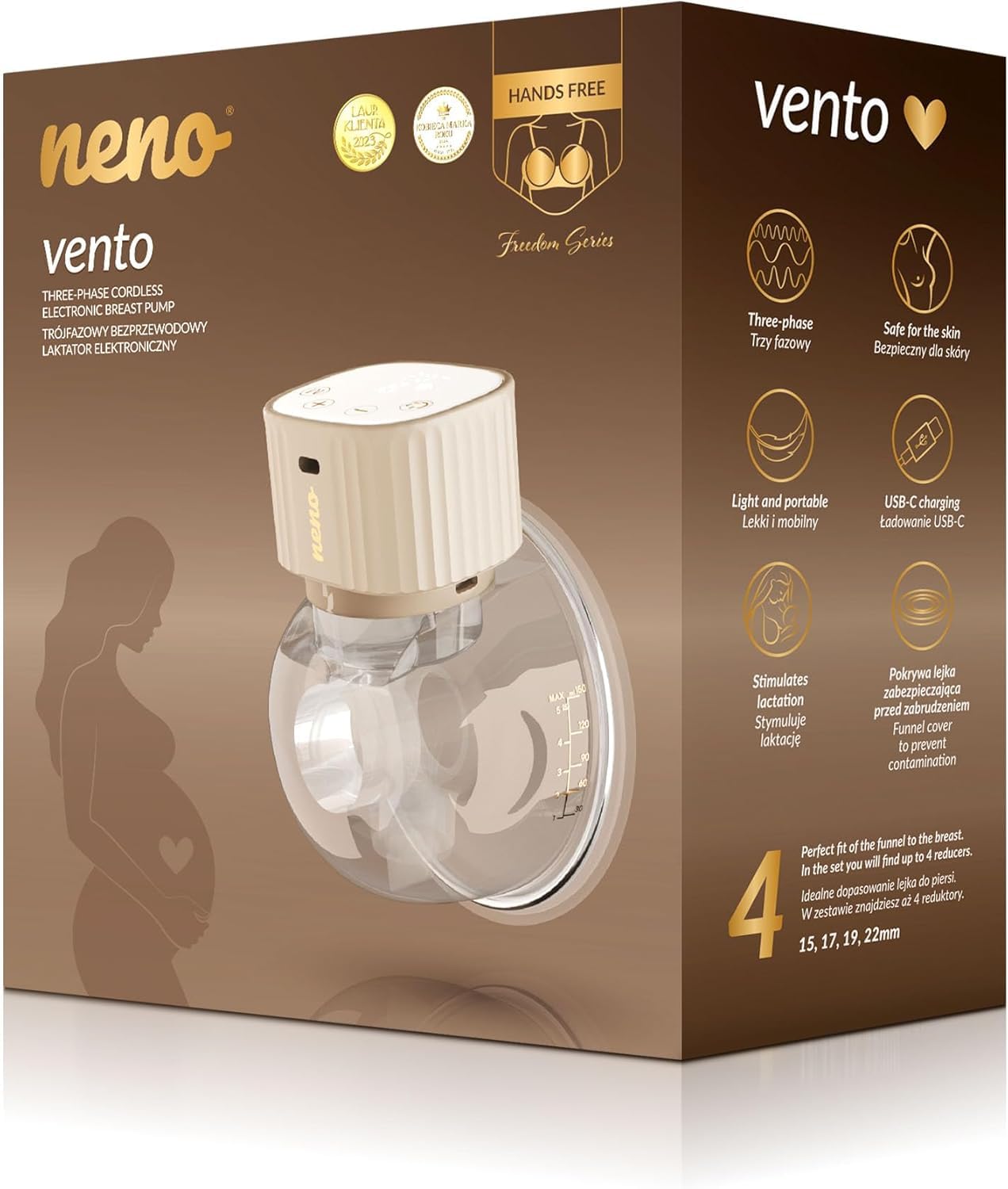 Neno Vento – Tire-Lait Électrique Portable Mains Libres 3 Modes, Pompe Électrique Sans Fil avec USB-C, Coque 150ml Pour la Collecte du Lait Maternel, 4 Téterelles en Silicone(15-22mm), Sans BPA