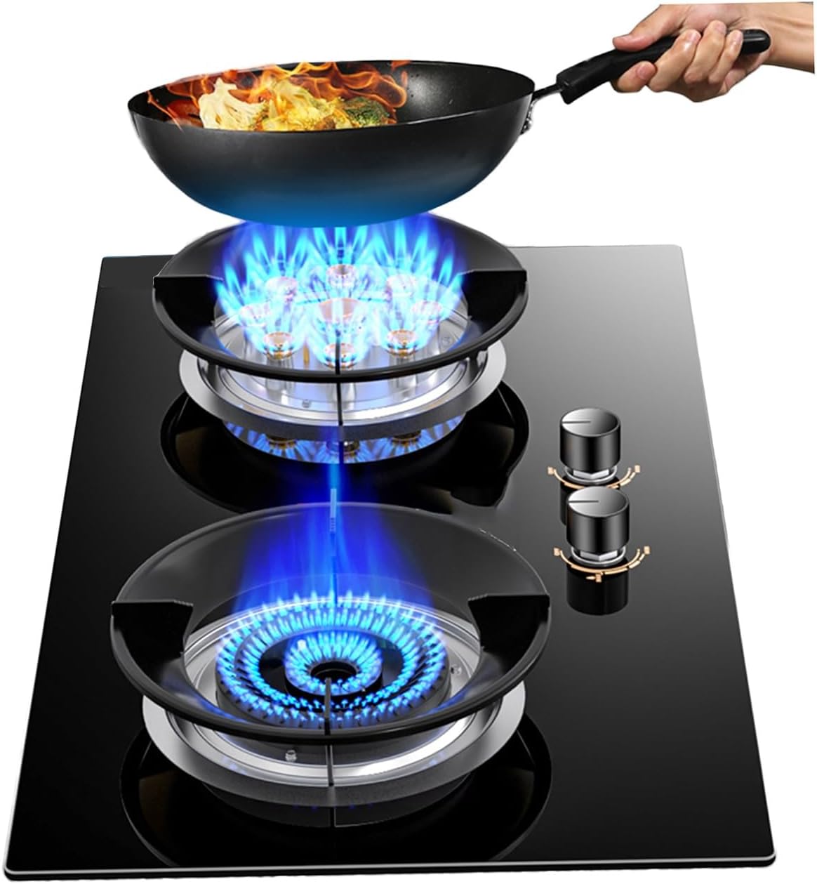 Portable Gas Stove,Tempered Glass Countertop,5.2KW 9-Cavities Cooktop 2 Burners,Round Prevent Skidding Pot Rack,with Flameout Protection(LPG)