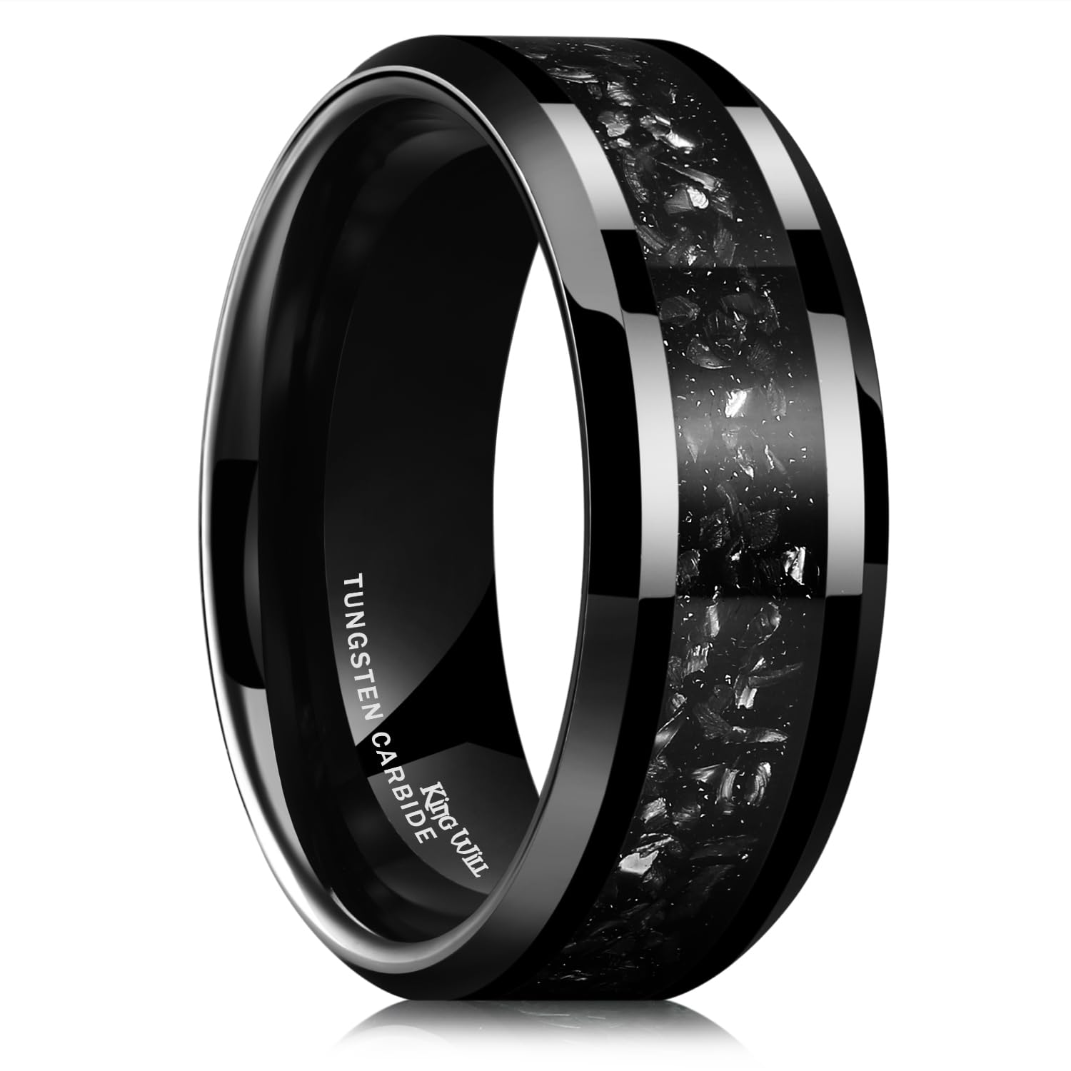 Men's Wedding Band 8mm Black Plated Tungsten Wedding Ring for Men with Vibrant Silver Meteorite Glitter Inlays Comfort Fit| Galaxy Collection