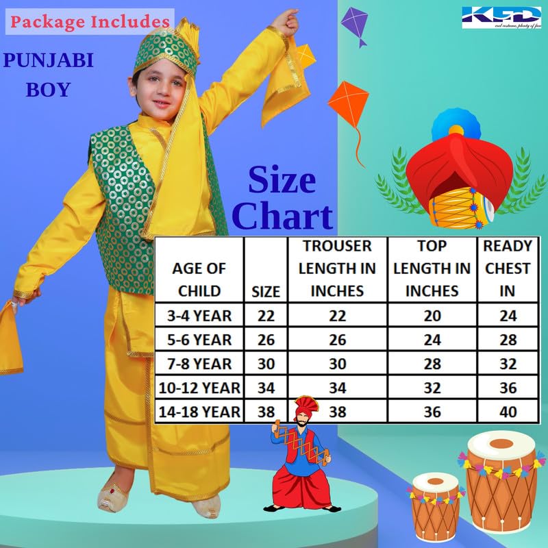 Image of Kaku Fancy Dresses Punjabi Boy Ethnic Costume for Kids - Yellow & Green Kurta Salwar & Turban Set | Indian State Fancy Dress for Boys (14-17 Years)