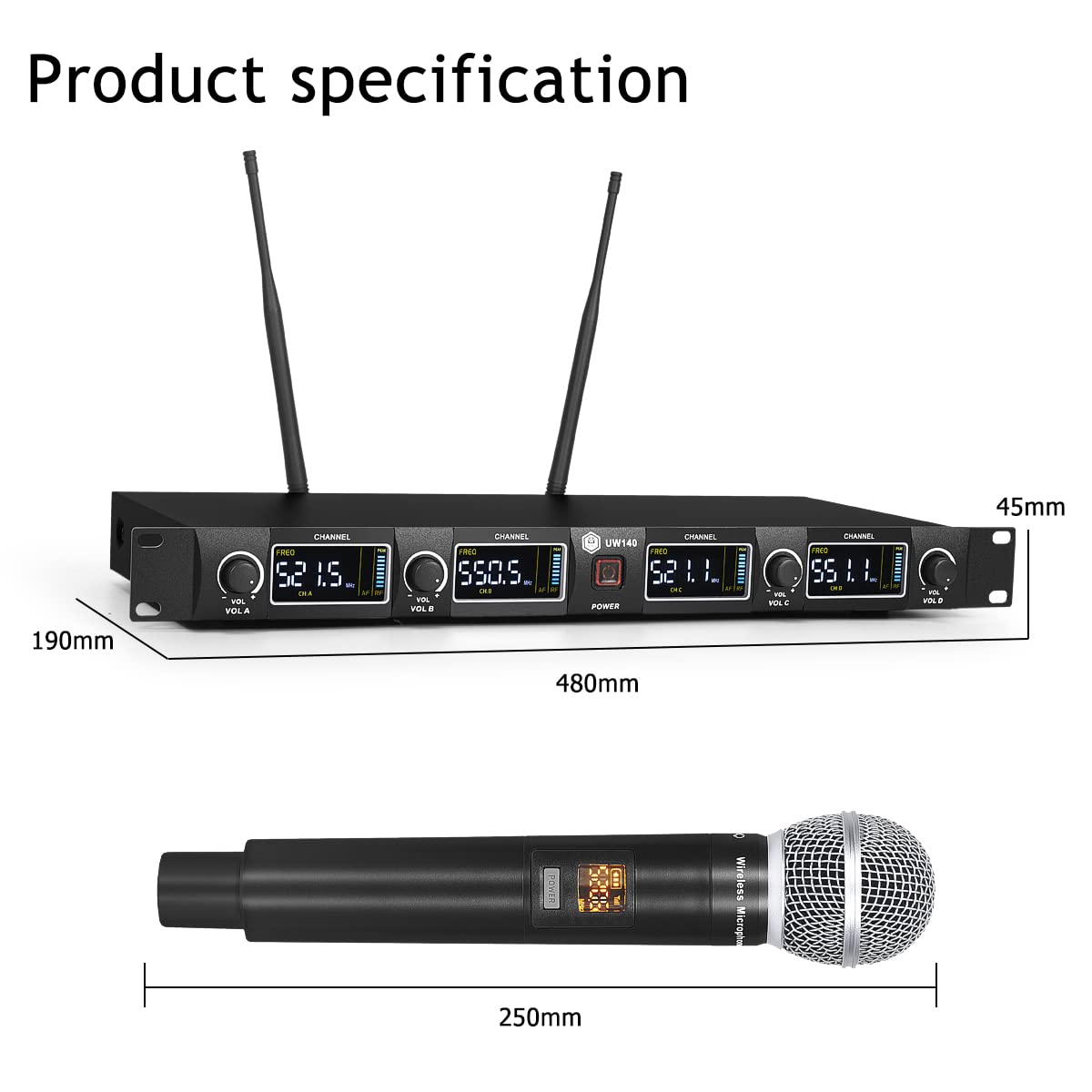 W IN-MIX UW140 bezprzewodowy system mikrofonowy, 4-kanałowy bezprzewodowy zestaw mikrofonów UHF z czterema mikrofonami ręcznymi, regulowana częstotliwość, duży zasięg, 79 m, idealny do kościoła