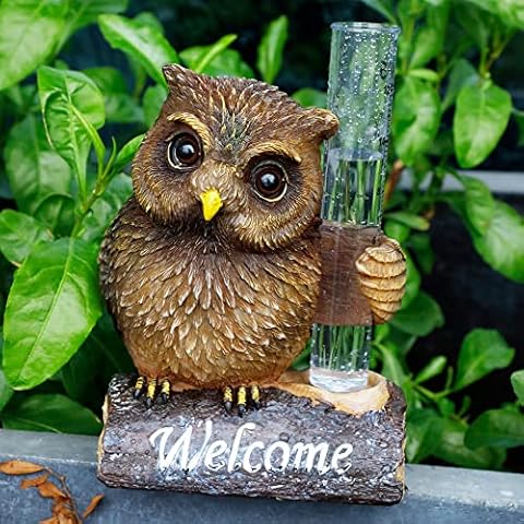 FORUP Harz Eule Regenmessgeräte Harz Eule Gartenstatue mit einem Kunststoff Regenmesser Handbemalte Eule Skulptur Wassermesser Cover
