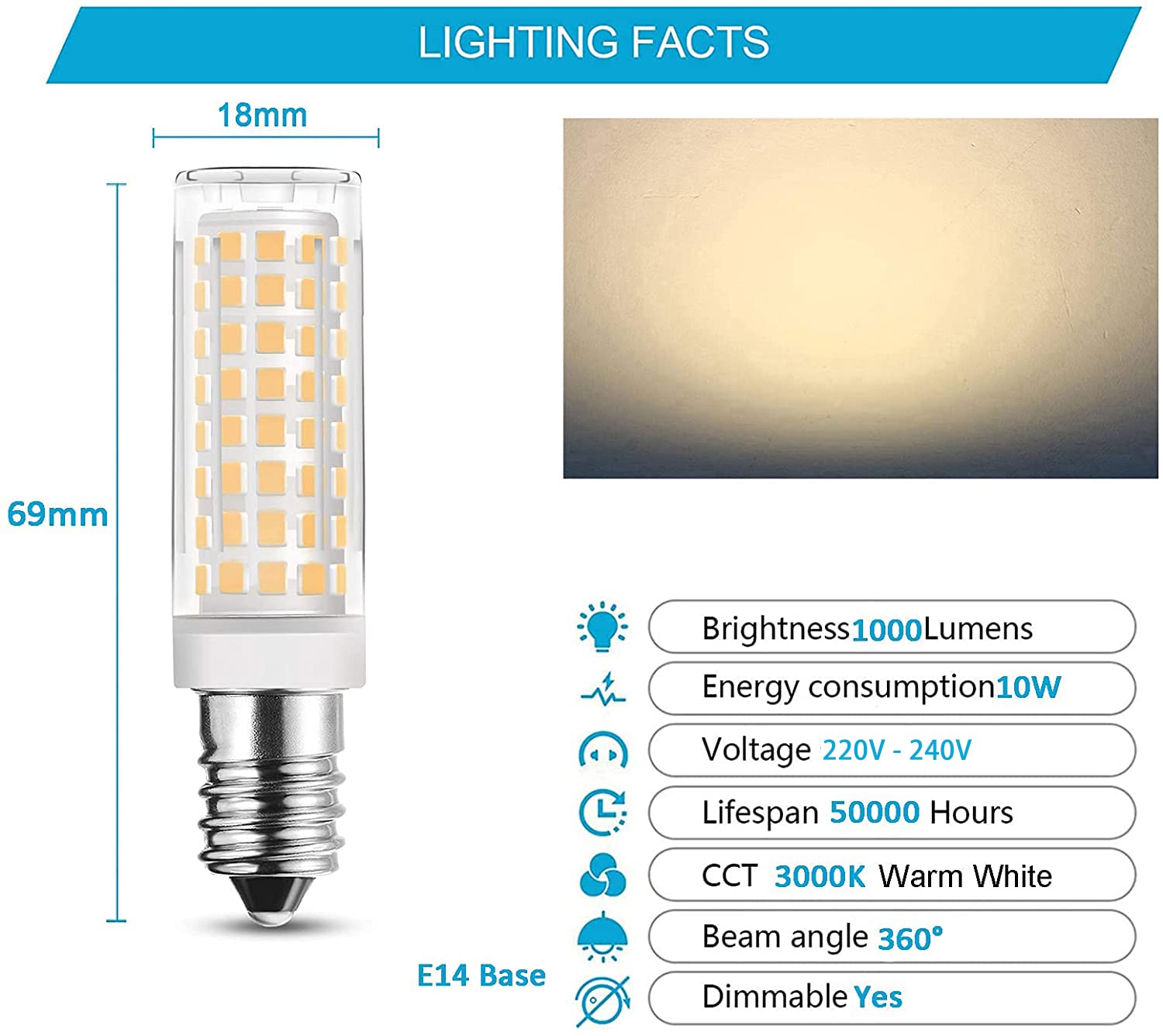 E14 Lampadina LED Dimmerabile 10W 104LED Perline 1000LM 2835SMD Lampadine a LED per mais 220V senza sfarfallio, angolo del fascio 360° per lampadari a LED Illuminazione domestica,Warm white,10 Pack