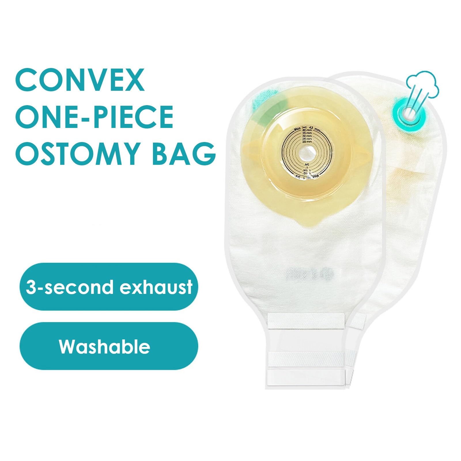 Bolsas de Ostomía Convexas de Una Pieza, Suministros para Ostomía, 15-43 mm, Recortables a Medida con Puerto de Escape, Cierre de Gancho y Bucle, Paquete de 5