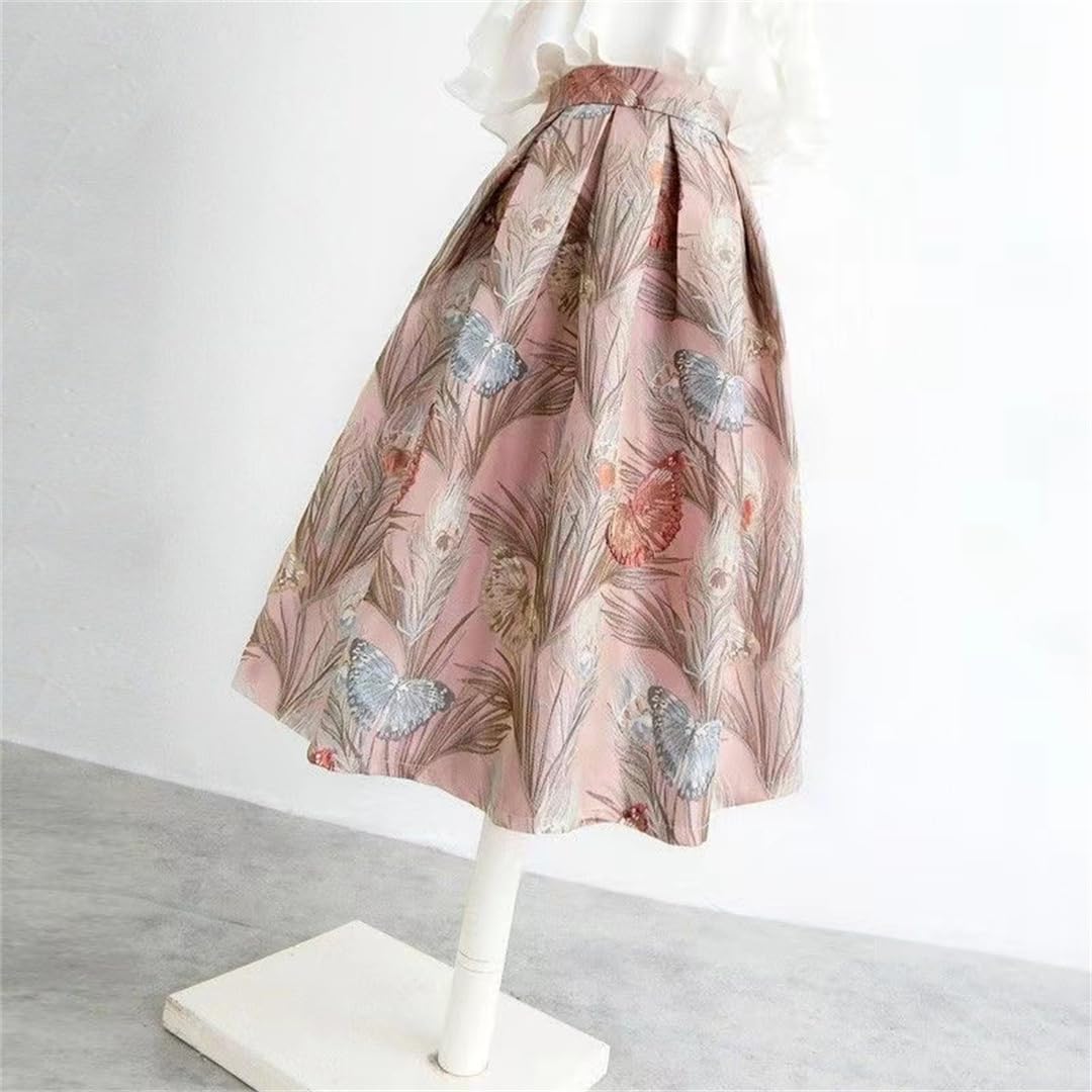 Damen bestickte Blumenröcke mit Reißverschluss, hohe Taille, Jacquard-Taschen, Ballkleid-Rock, Frühling