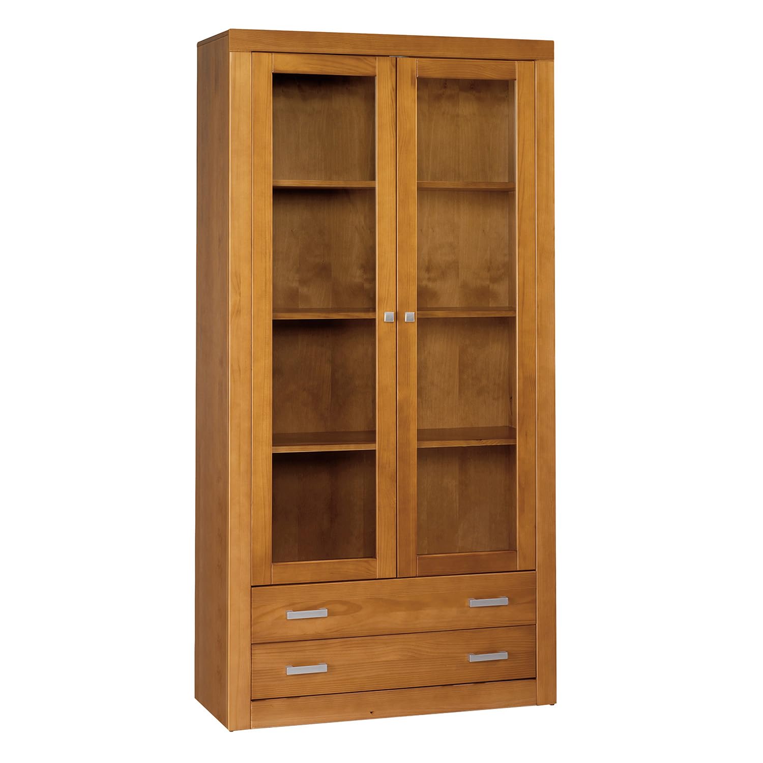Vitrina 2 Puertas Y Dos cajones, Serie Kalpe. Medidas 200X100X37 (Alto-Ancho-Fondo). Realizada en Madera de Pino Macizo. (Cerezo)