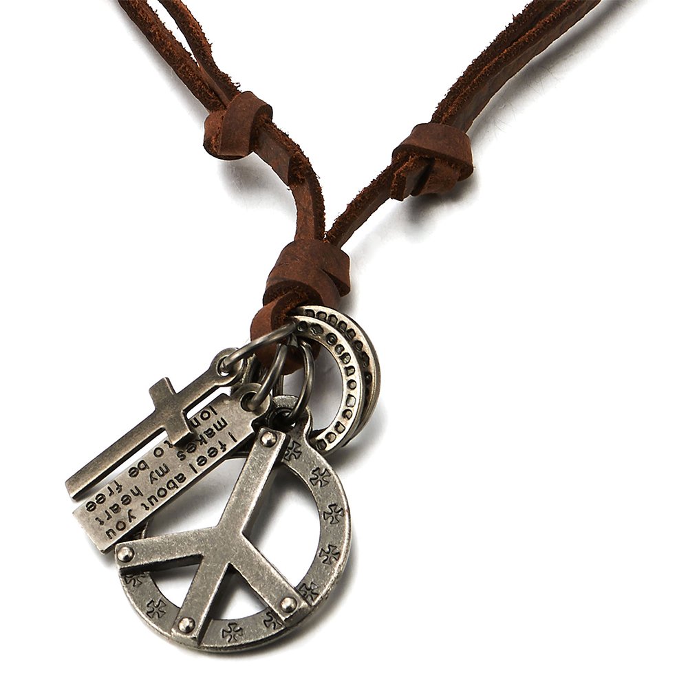 COOLSTEELANDBEYONDUnisex Vintage Colgante Símbolo Contra la Guerra Cruz, Collar de Hombre Mujer, con Cordón de Cuero Ajustable