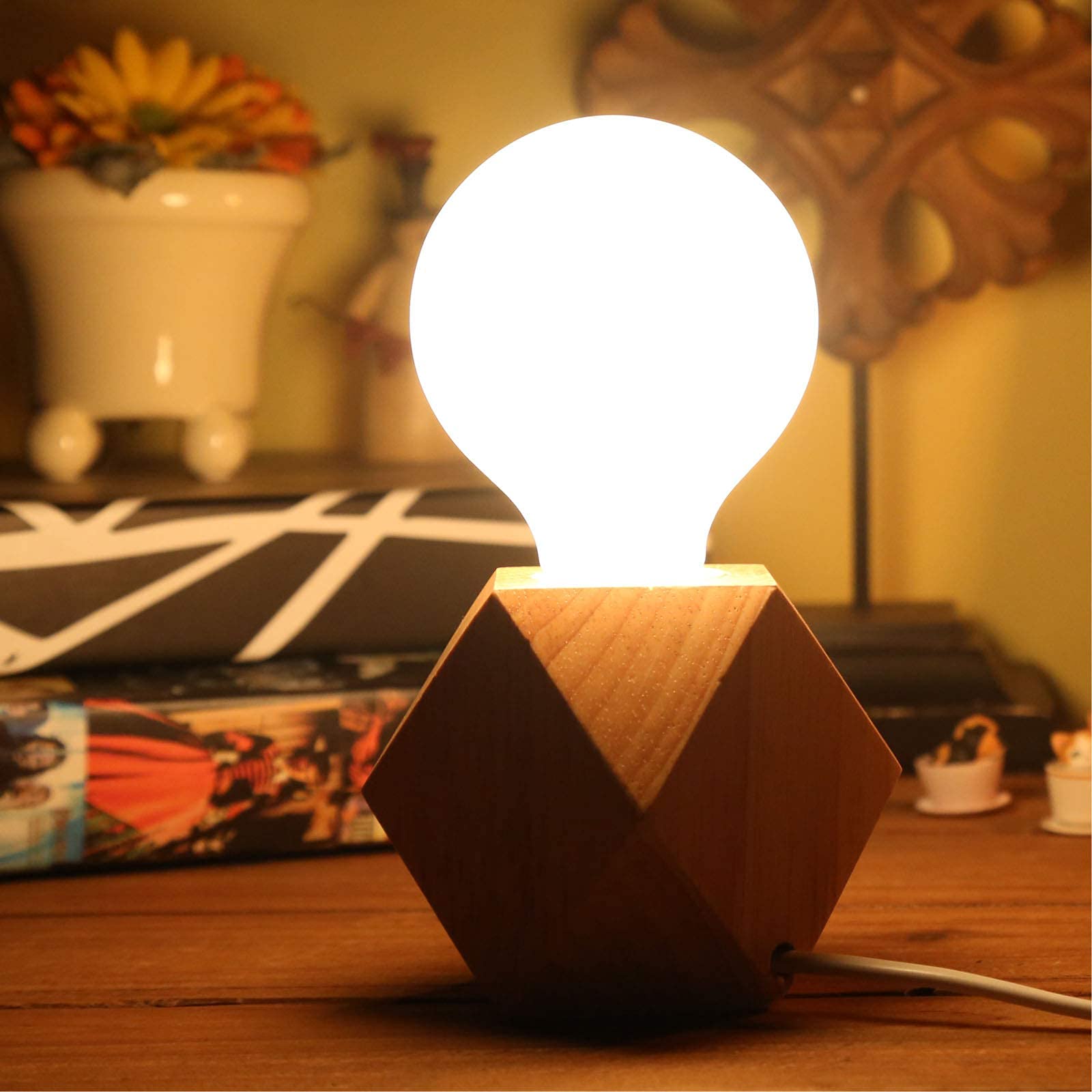 2 uds.Lámpara de mesa pequeña Lámpara de noche con base de madera de diamante junto a la lámpara, E27 60W Perfecta para dormitorio, salón u oficina (sin bombilla)
