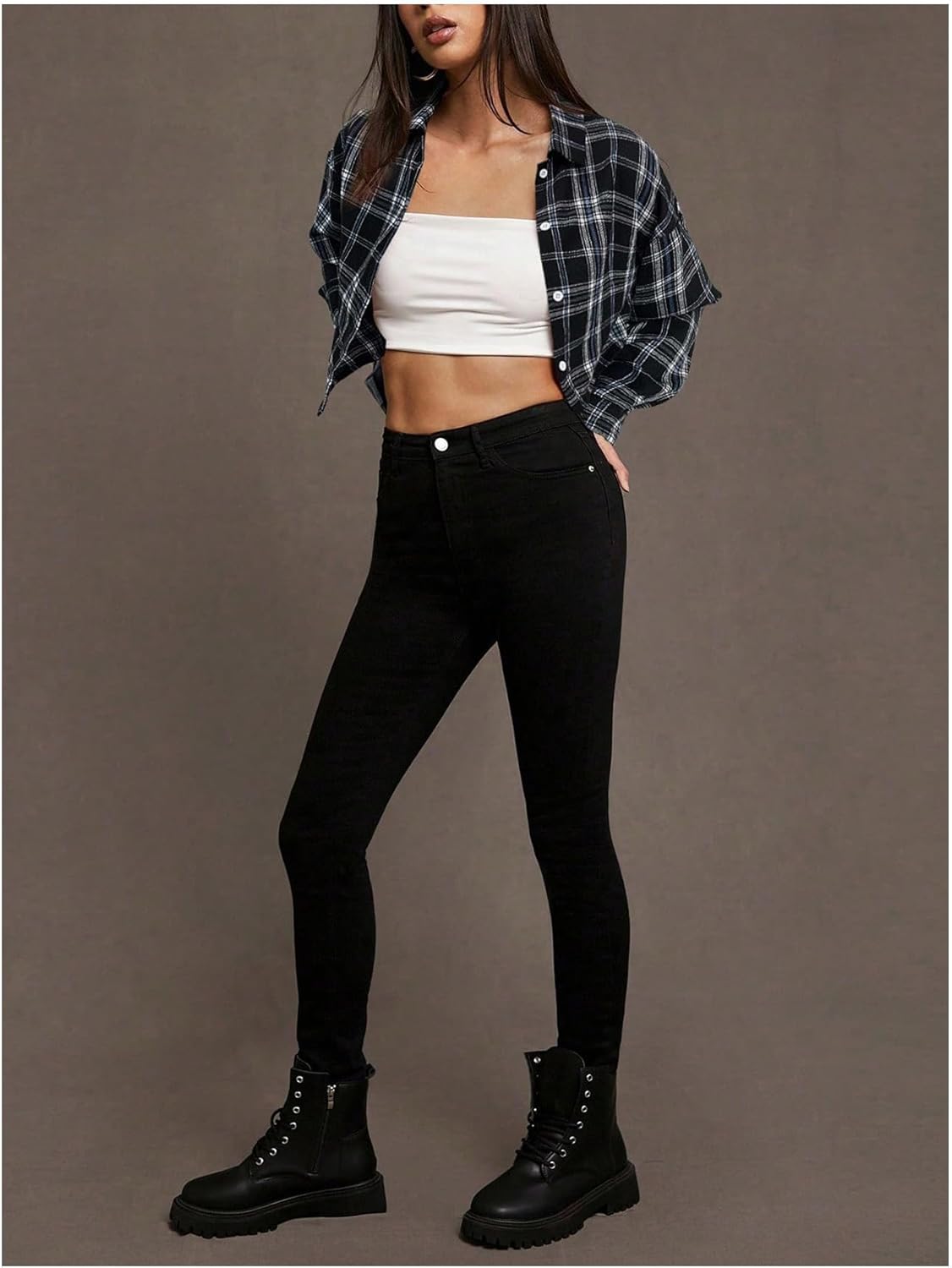 Milumia Women's Plaid Print Button Down Shirts Collared Long Sleeve Cropped Blouse Tops - Image 4