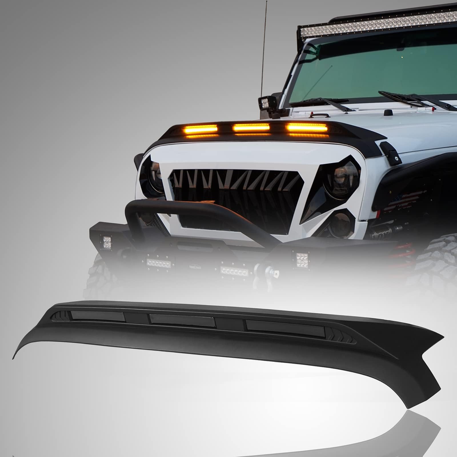 Hooke Road Wrangler Hood Protector Bug Shields Deflector Guard w/Amber Lights Compatible with Jeep Wrangler JK & JKU Unlimited 07-18